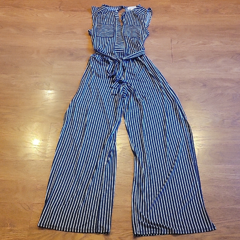SALE 3 For $20 - Monteau Navy and White Striped Jumpsuit Size Large